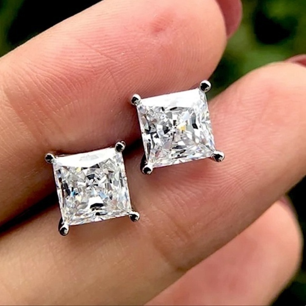 NEW 2.5 CT 6mm SQUARE DIAMOND 925 STERLING SILVER stud EARRINGS VVS1